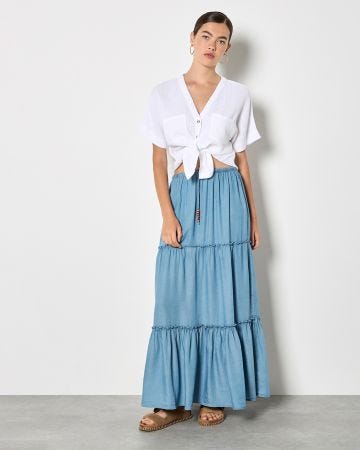 Apricot Tiered Denim Skirt