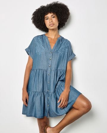 Apricot Embroidered Denim Tiered Dress