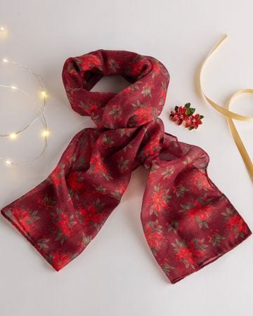Poinsettia Floral Scarf & Brooch Set 