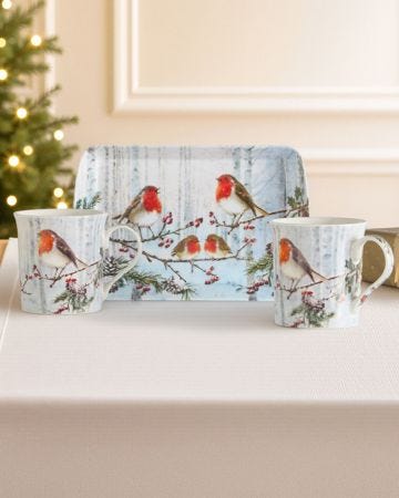 Pack of 2 Robins Mugs & Tray Set 