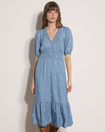 Apricot Embroidered Denim Dress 