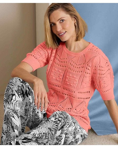 Short Sleeve Pointelle Jumper with Balloon Sleeves