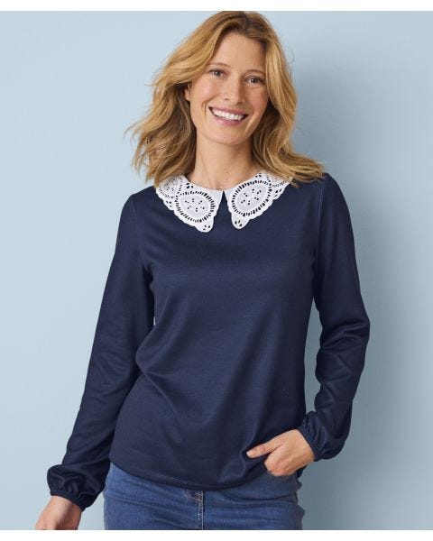 Skin Soft Contrast Collar Brushed-finish Top