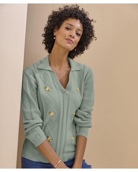 Embroidered Open Neck Jumper