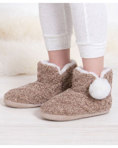 Totes Ladies Cable Knit Boot Slippers